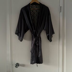 La Vie En Rose Grey Satin Robe Kimono Lace Back